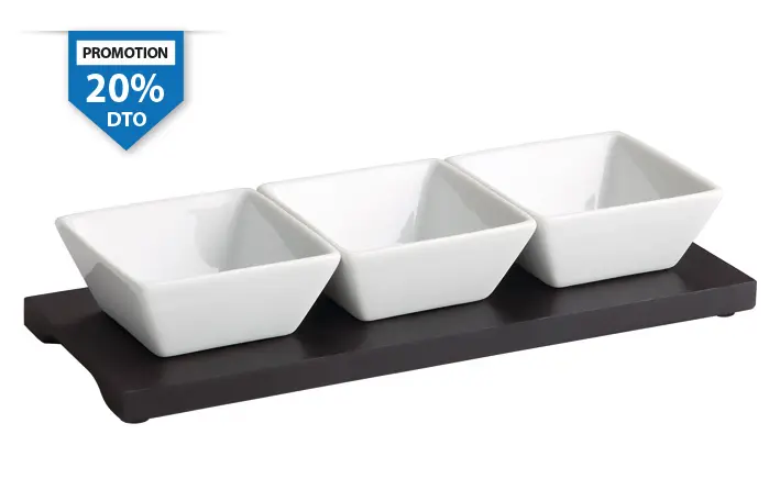 Soporte Madera Negro C/3 Bol Ming Porcelana 8X8 Cm. 27X10 Cm.